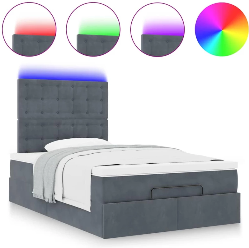 vidaXL Οθωμανικό κρεβάτι με στρώματα & LEDs Σκούρο γκρι Βελούδο