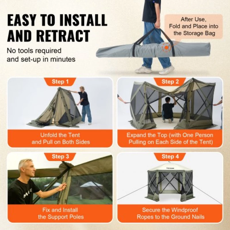 VEVOR Pop Up Gazebo Tent Pop-Up Screen Tent 6 Sided Canopy Sun Shelter Green