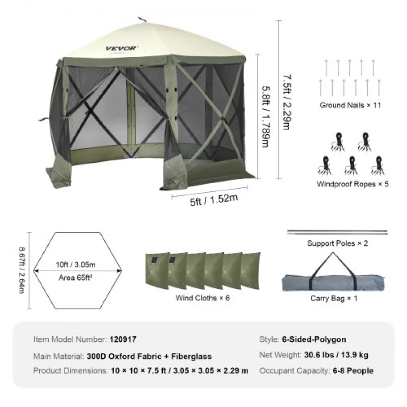VEVOR Pop Up Gazebo Tent Pop-Up Screen Tent 6 Sided Canopy Sun Shelter Green