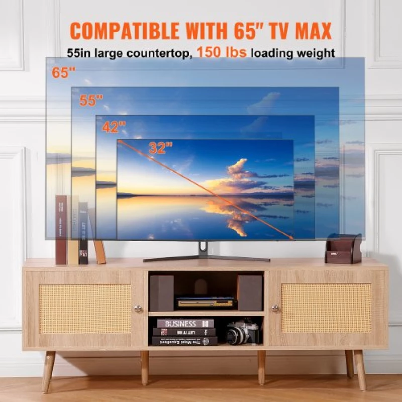 VEVOR Rattan TV Stand for 65" TV Boho TV Stand with Build-in Socket Oak