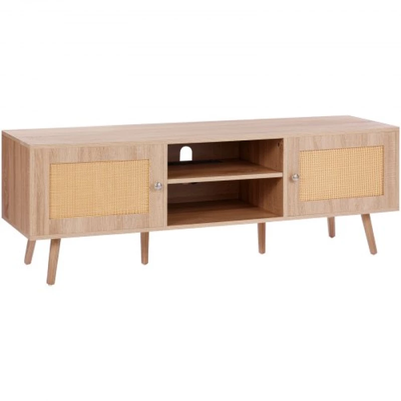 VEVOR Rattan TV Stand for 65" TV Boho TV Stand with Build-in Socket Oak