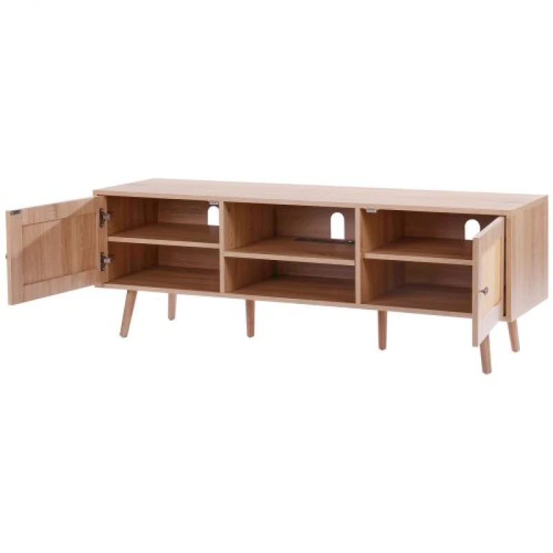 VEVOR Rattan TV Stand for 65" TV Boho TV Stand with Build-in Socket Oak