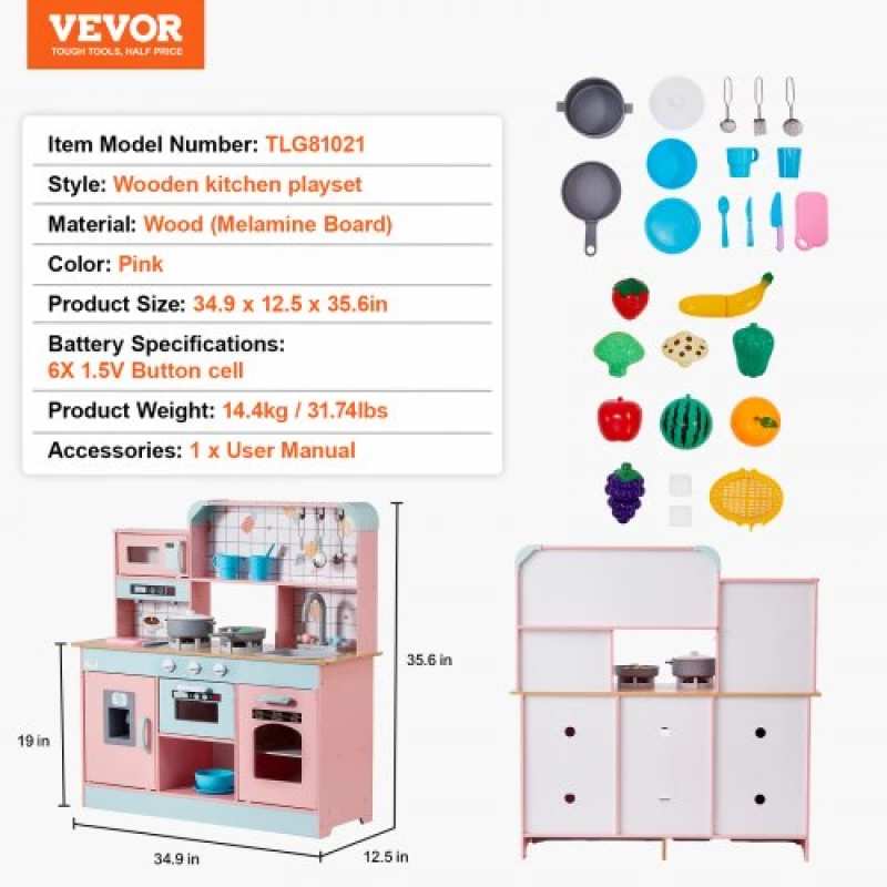 VEVOR Kitchen Playset Kids Pretend Cooking Play Toy 24 Piece Accessories Pink
