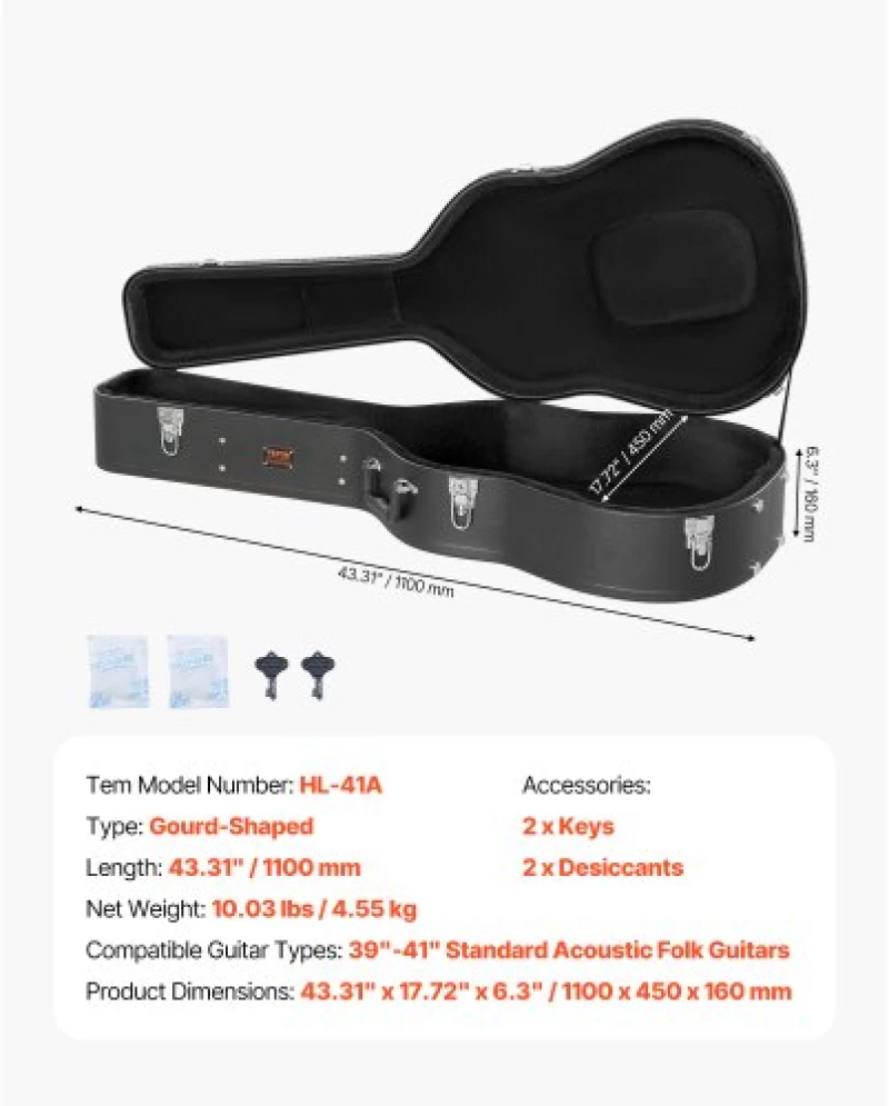 VEVOR Acoustic Guitar Hard Case 43.31 in With Lock And Keys for Acoustic Guitar