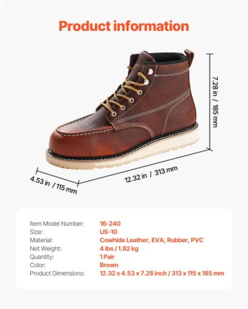 VEVOR Steel Toe Work Boots UK Size 9 Waterproof Moc Toe for Men Slip-Resistant