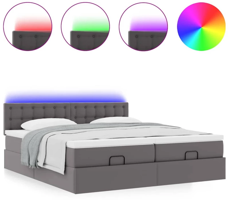 vidaXL Οθωμανικό κρεβάτι με στρώματα & LEDs Γκρι Faux Leather