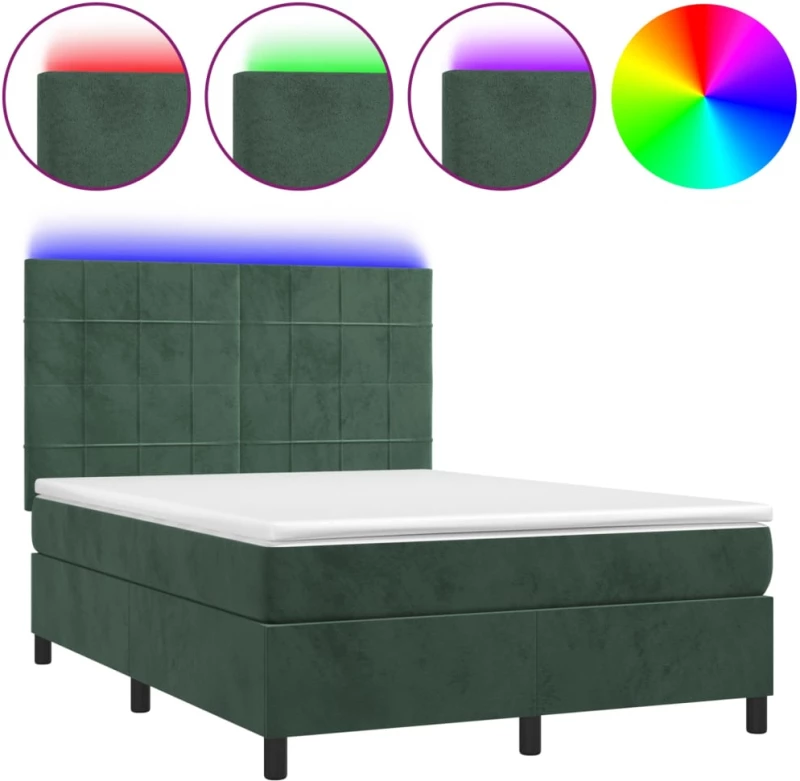 vidaXL Κρεβάτι Boxspring με Στρώμα & LED Σκ. Πράσινο 140x190εκ Βελούδο