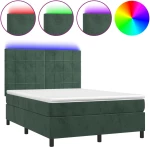 vidaXL Κρεβάτι Boxspring με Στρώμα & LED Σκ. Πράσινο 140x190εκ Βελούδο