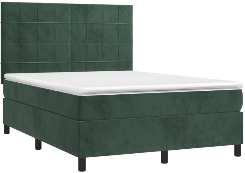 vidaXL Κρεβάτι Boxspring με Στρώμα & LED Σκ. Πράσινο 140x190εκ Βελούδο
