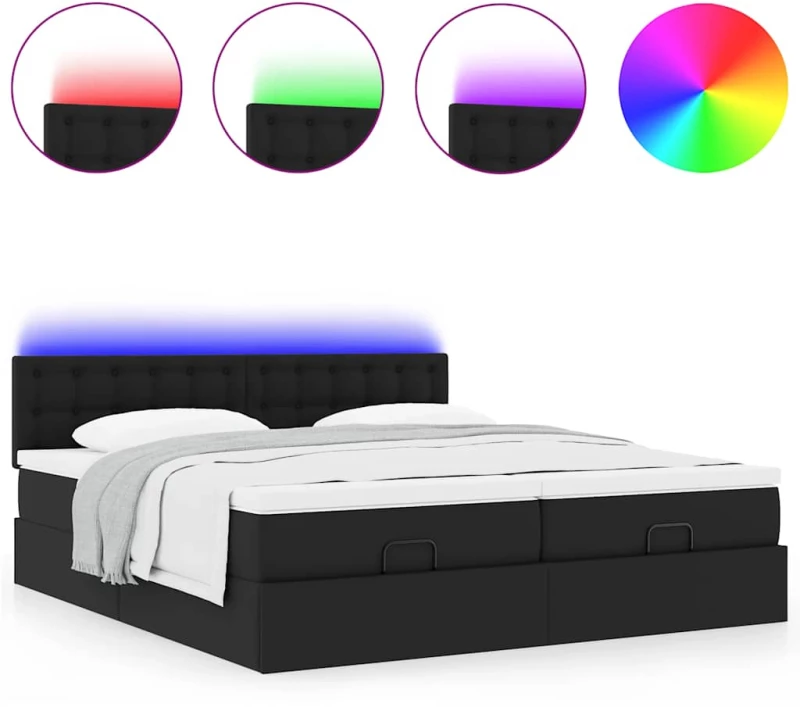 vidaXL Οθωμανικό κρεβάτι με στρώματα & LEDs Μαύρο Faux Leather