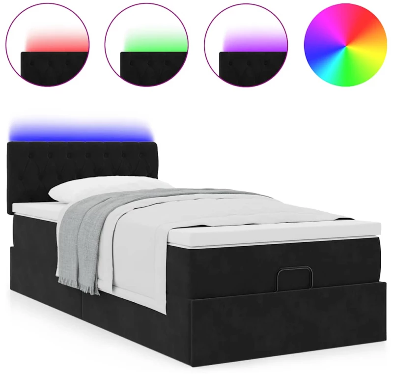vidaXL Οθωμανικό κρεβάτι με στρώμα & LEDs Μαύρο 90x200cm Velvet
