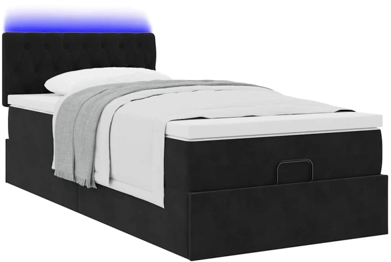 vidaXL Οθωμανικό κρεβάτι με στρώμα & LEDs Μαύρο 90x200cm Velvet