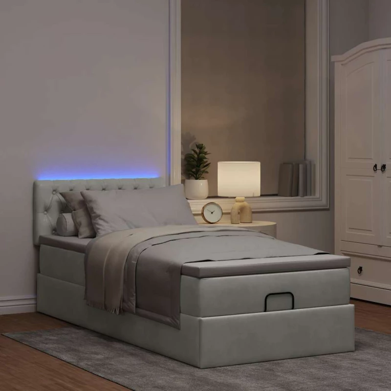vidaXL Οθωμανικό κρεβάτι με στρώμα&LEDs Ανοιχτό γκρι 90x200cm Βελούδο