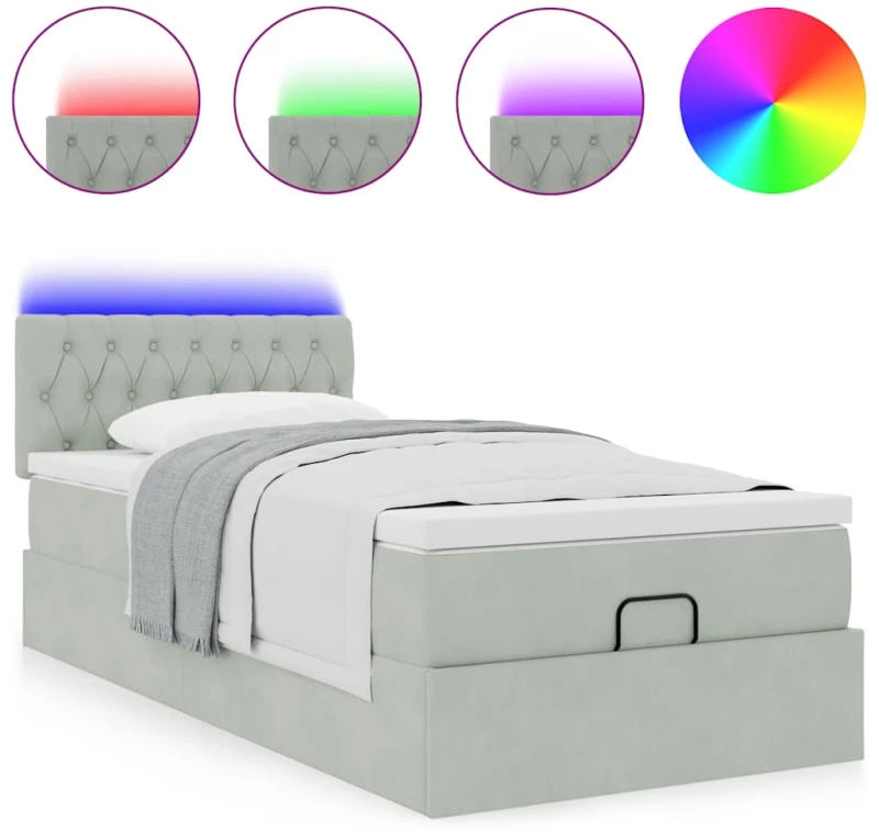 vidaXL Οθωμανικό κρεβάτι με στρώμα&LEDs Ανοιχτό γκρι 90x200cm Βελούδο