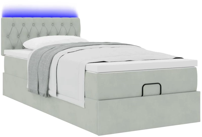 vidaXL Οθωμανικό κρεβάτι με στρώμα&LEDs Ανοιχτό γκρι 90x200cm Βελούδο