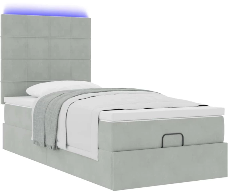 vidaXL Οθωμανικό κρεβάτι με στρώματα & LEDs Ανοιχτό γκρι Βελούδο