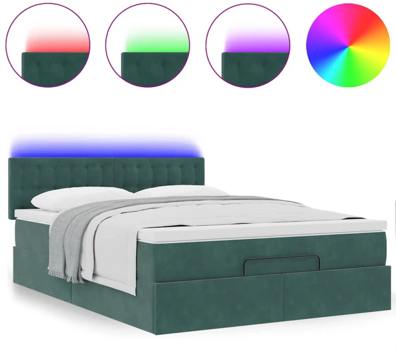 vidaXL Οθωμανικό κρεβάτι με στρώμα & LEDs Σκούρο πράσινο Βελούδο