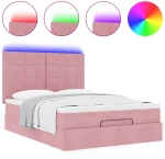 vidaXL Οθωμανικό κρεβάτι με στρώματα & LEDs Ροζ 140x200cm Βελούδο