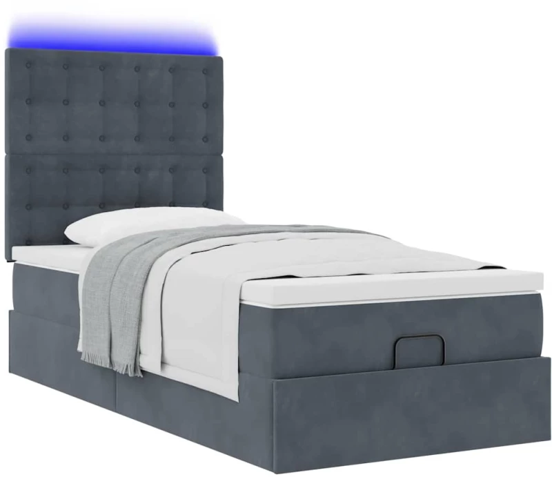 vidaXL Οθωμανικό κρεβάτι με στρώματα & LEDs Σκούρο γκρι Βελούδο
