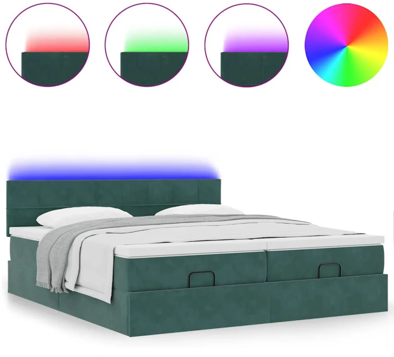 vidaXL Οθωμανικό κρεβάτι με στρώματα & LEDs Σκούρο πράσινο Βελούδο
