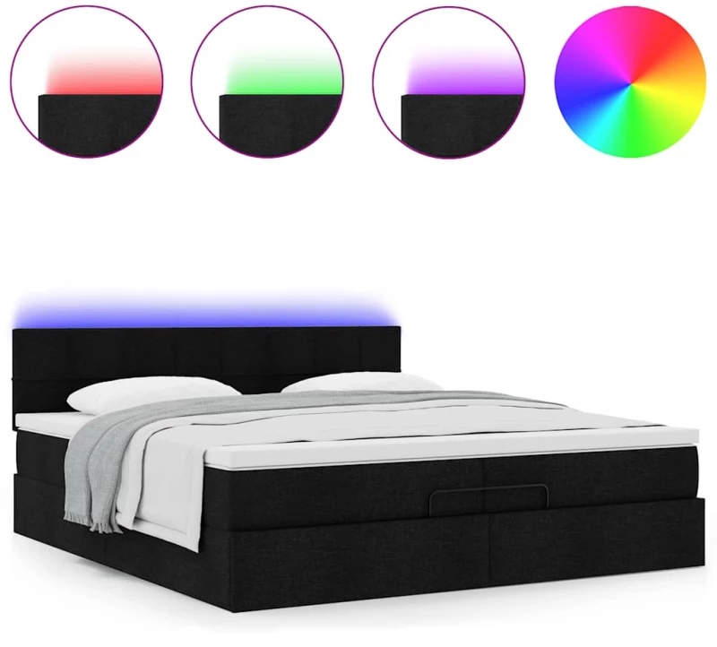 vidaXL Οθωμανικό κρεβάτι με στρώματα & LEDs Μαύρο 200x200cm ύφασμα