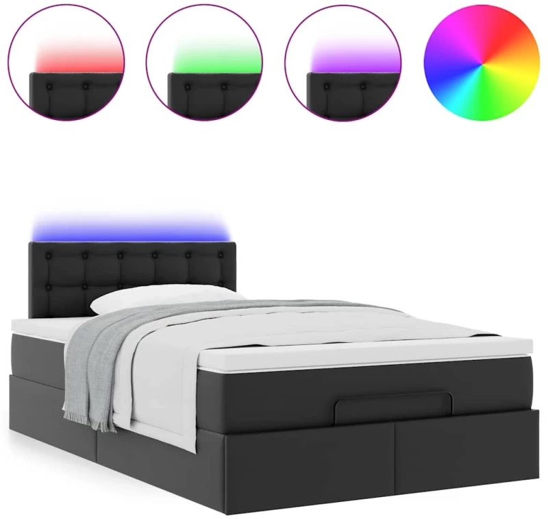vidaXL Οθωμανικό κρεβάτι με στρώματα & LEDs Μαύρο Faux Leather