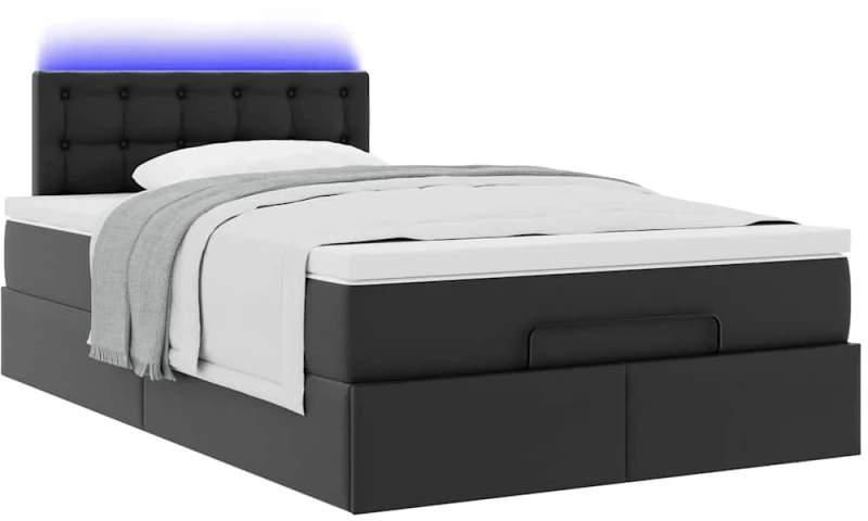 vidaXL Οθωμανικό κρεβάτι με στρώματα & LEDs Μαύρο Faux Leather
