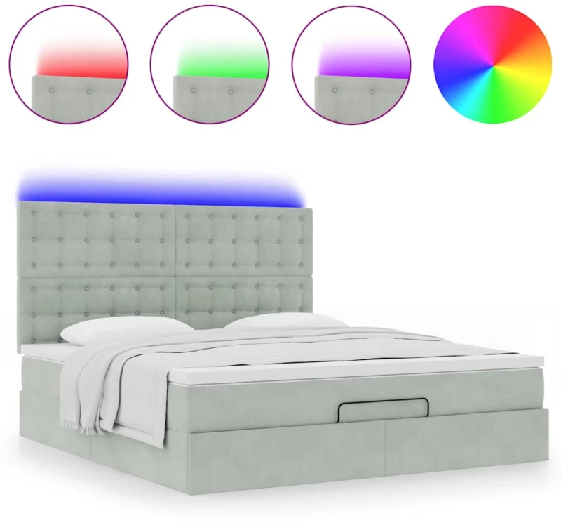 vidaXL Οθωμανικό κρεβάτι με στρώματα & LEDs Ανοιχτό γκρι Βελούδο