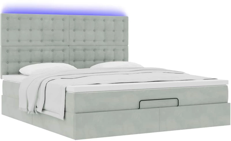 vidaXL Οθωμανικό κρεβάτι με στρώματα & LEDs Ανοιχτό γκρι Βελούδο