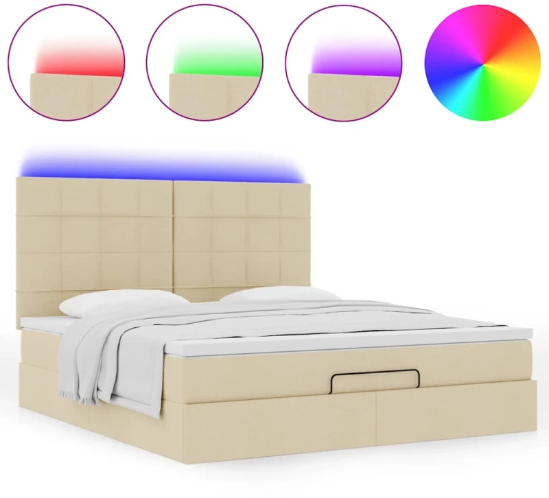 vidaXL Οθωμανικό κρεβάτι με στρώμα & LEDs Cream 160x200cm ύφασμα