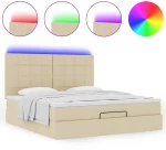 vidaXL Οθωμανικό κρεβάτι με στρώμα & LEDs Cream 160x200cm ύφασμα