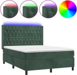 vidaXL Κρεβάτι Boxspring με Στρώμα & LED Σκ. Πράσινο 140x190εκ Βελούδο