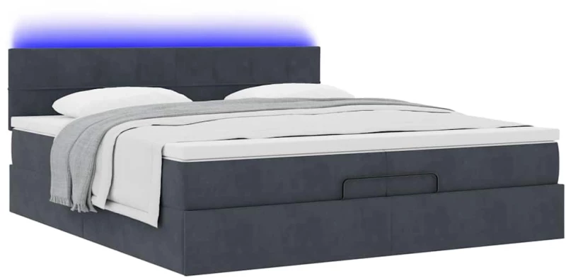 vidaXL Οθωμανικό κρεβάτι με στρώματα & LEDs Σκούρο γκρι Βελούδο