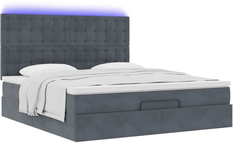 vidaXL Οθωμανικό κρεβάτι με στρώματα & LEDs Σκούρο γκρι Βελούδο