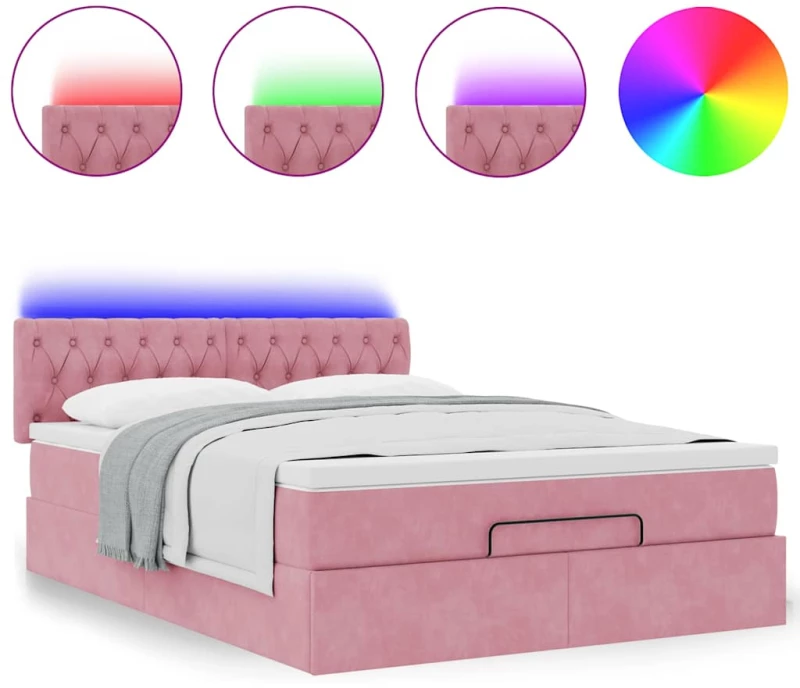 vidaXL Οθωμανικό κρεβάτι με στρώμα & LEDs Ροζ 140x200cm Βελούδο