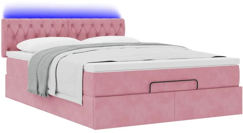 vidaXL Οθωμανικό κρεβάτι με στρώμα & LEDs Ροζ 140x200cm Βελούδο