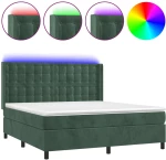 vidaXL Κρεβάτι Boxspring με Στρώμα & LED Σκ. Πράσινο 180x200εκ Βελούδο
