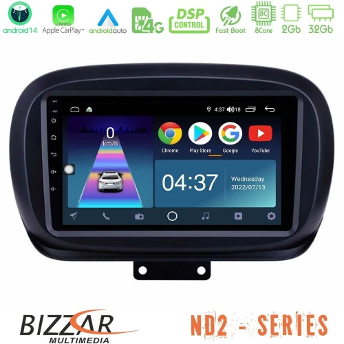 Bizzar nd2 Series 8core Android14 2+32gb  Fiat 500x Navigation Multimedia Tablet 9" με Carplay & Android Auto u-nd2-Ft0534