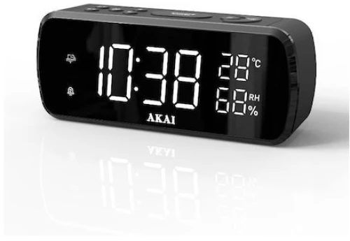 Akai ACR-1080 Ψηφιακό ρολόι-ξυπνητήρι με ραδιόφωνο FM, USB για φόρτιση, ένδειξη θερμοκρασίας-υγρασία