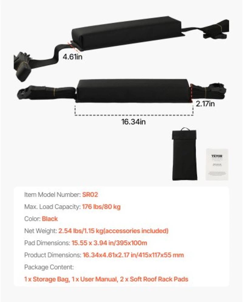VEVOR Soft Roof Rack Pads 15.5in 176lbs Load Capacity for Kayak Canoe Surfboard
