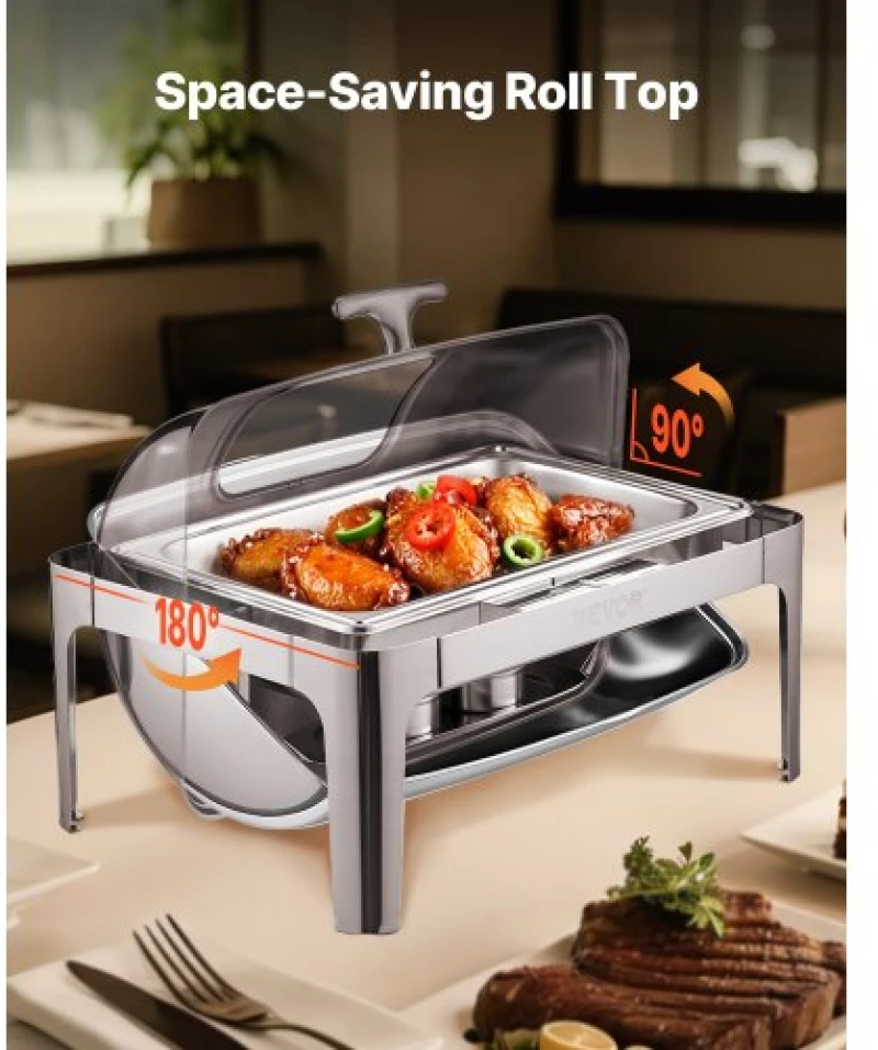VEVOR 9Qt 1 Pack Rectangle Roll Top Chafing Dish Set with 2 Half Size Pans