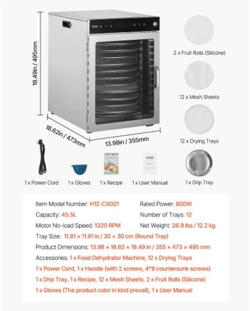 VEVOR 12 Trays Rotary Food Dehydrator Machine Stainless Steel 800W Fruit Drying