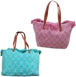 Τσάντα Παραλίας Cotton με Ρόμβους 50x35x14cm SummerTiempo 623139 - ΡΟΖ