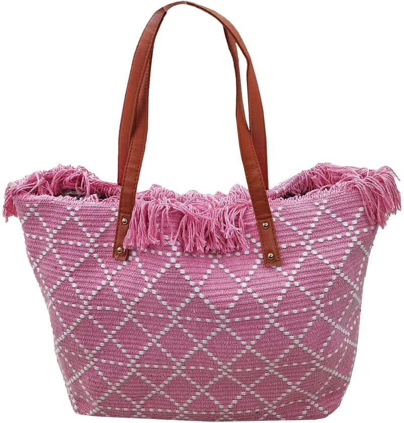 Τσάντα Παραλίας Cotton με Ρόμβους 50x35x14cm SummerTiempo 623139 - ΡΟΖ