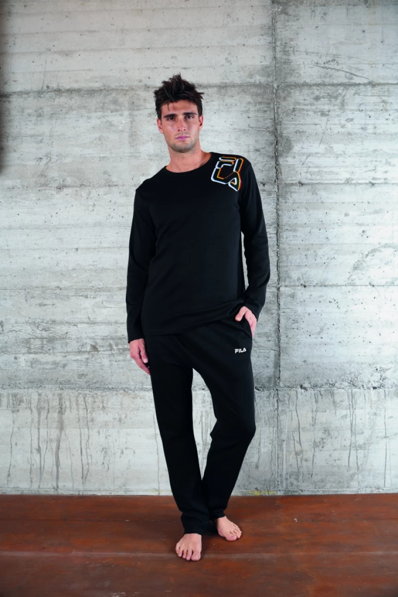 Ανδρική Πυτζάμα FILA - Χειμερινή - Μαύρη με print - Cotton - Regular Fit