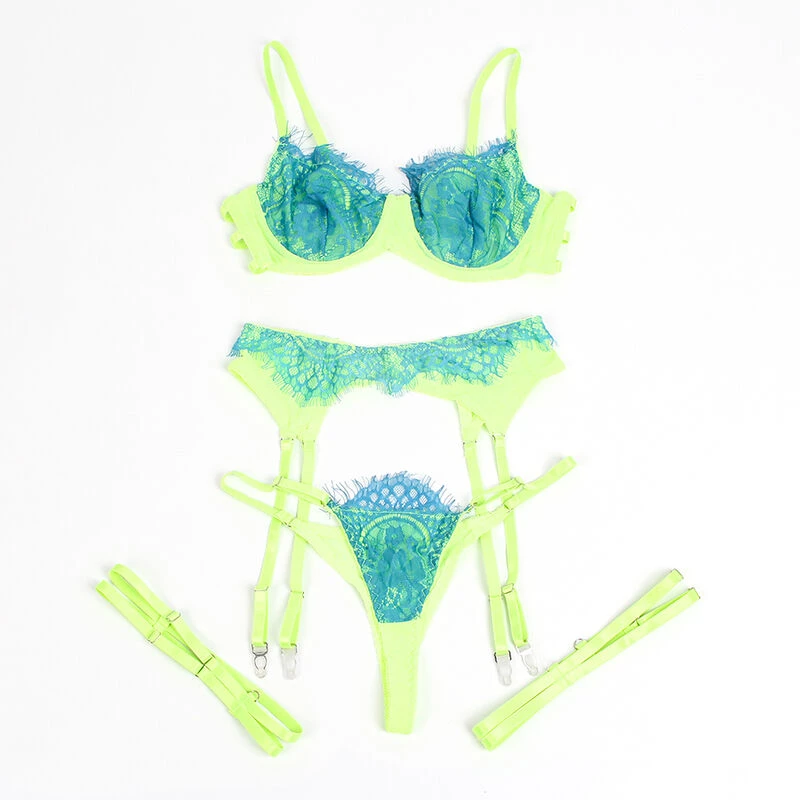 SUBBLIME - 955328 BRA SET WITH LACE AND GARTER LINES GREEN AND BLUE