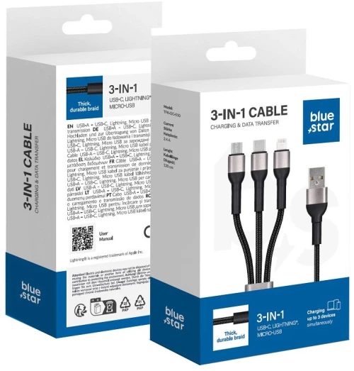 BLUE STAR braided cable 2,4A 3in1 USB A to Lightning / Micro USB / Type C TFK-DC-010 1,2 m black