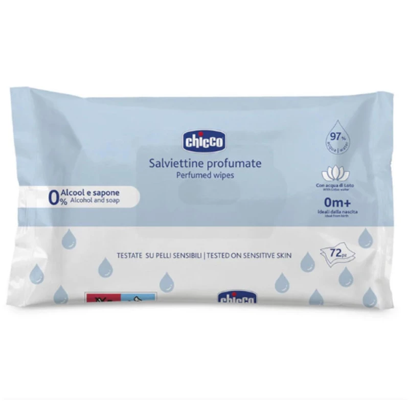 Chicco Perfumed Wipes Μωρομάντηλα Χωρίς Οινόπνευμα & Σαπούνι 0m+, 72τεμ