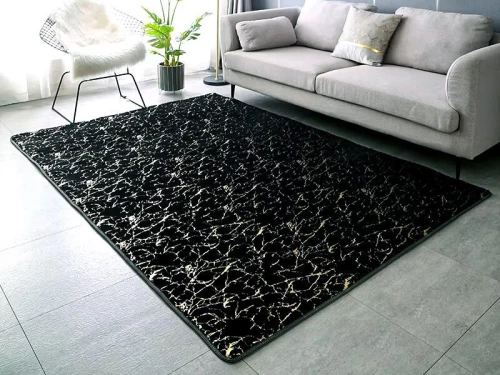 Χαλί Μοντέρνο Γούνινο Σαλονιού Marble Με Αντιολισθητικό Πάτο - Μαύρο, 80x140