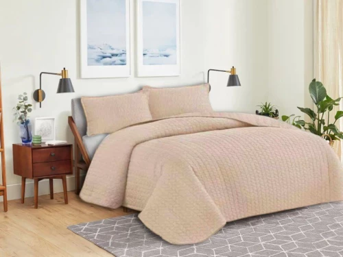 Κουβερλί Σετ Μονόχρωμο Leaves Διπλής Όψεως Microfiber Γαρύφαλλο - Μπεζ, 220x240